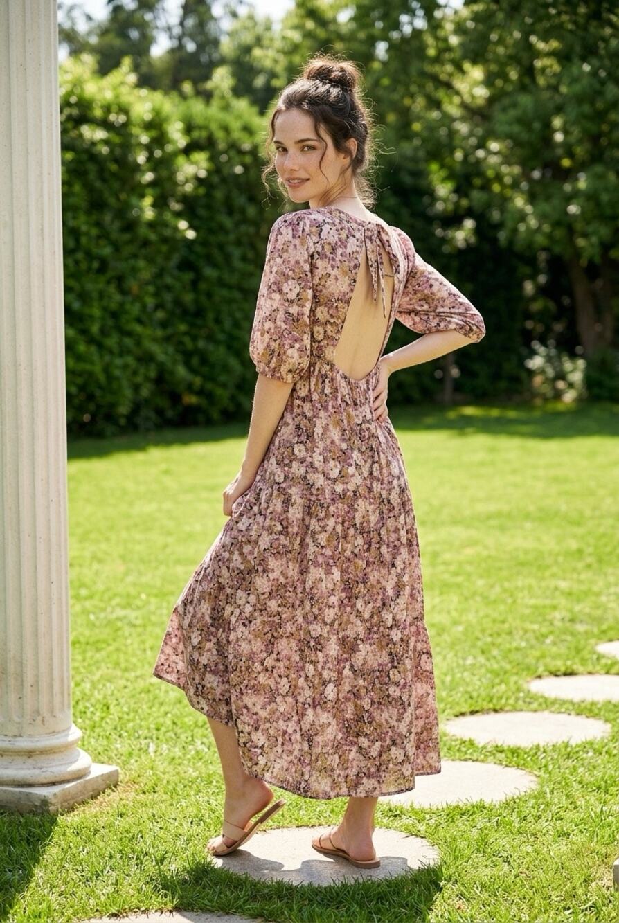 En Saison Floral Open Back Maxi Dress Size Small Puff Sleeve Cottagecore